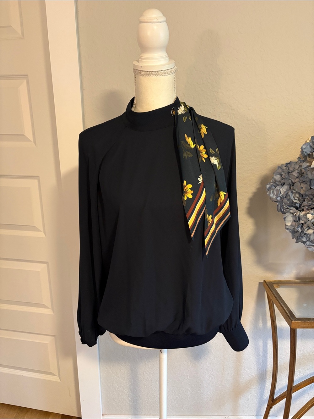 Ted Baker London Navy Long-Sleeve Blouse with Floral Scarf Detail and mock neck